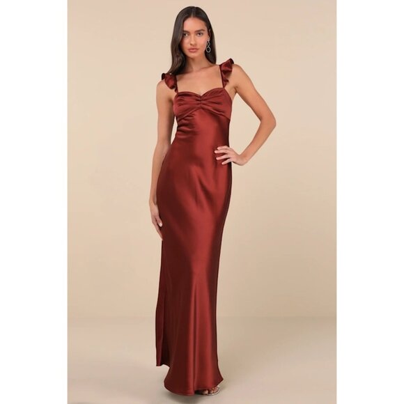 Lulus Rust Red Exuberant Luxury Satin Ruffled Lace Up Maxi Dress Size S - Picture 2 of 8